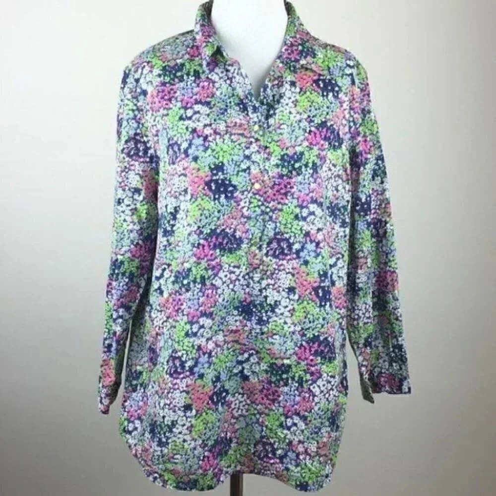 Lands End Top Size 14 Floral Baumwolle Button Down